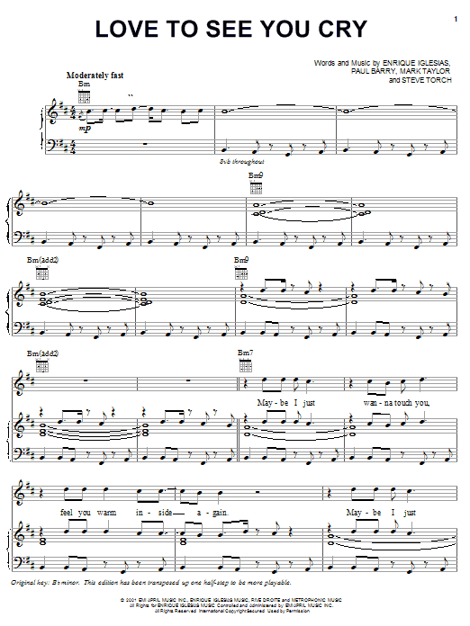 Download Enrique Iglesias Love To See You Cry Sheet Music and learn how to play Piano, Vocal & Guitar (Right-Hand Melody) PDF digital score in minutes