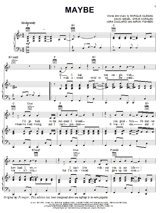 Download Enrique Iglesias Maybe Sheet Music and learn how to play Piano, Vocal & Guitar (Right-Hand Melody) PDF digital score in minutes