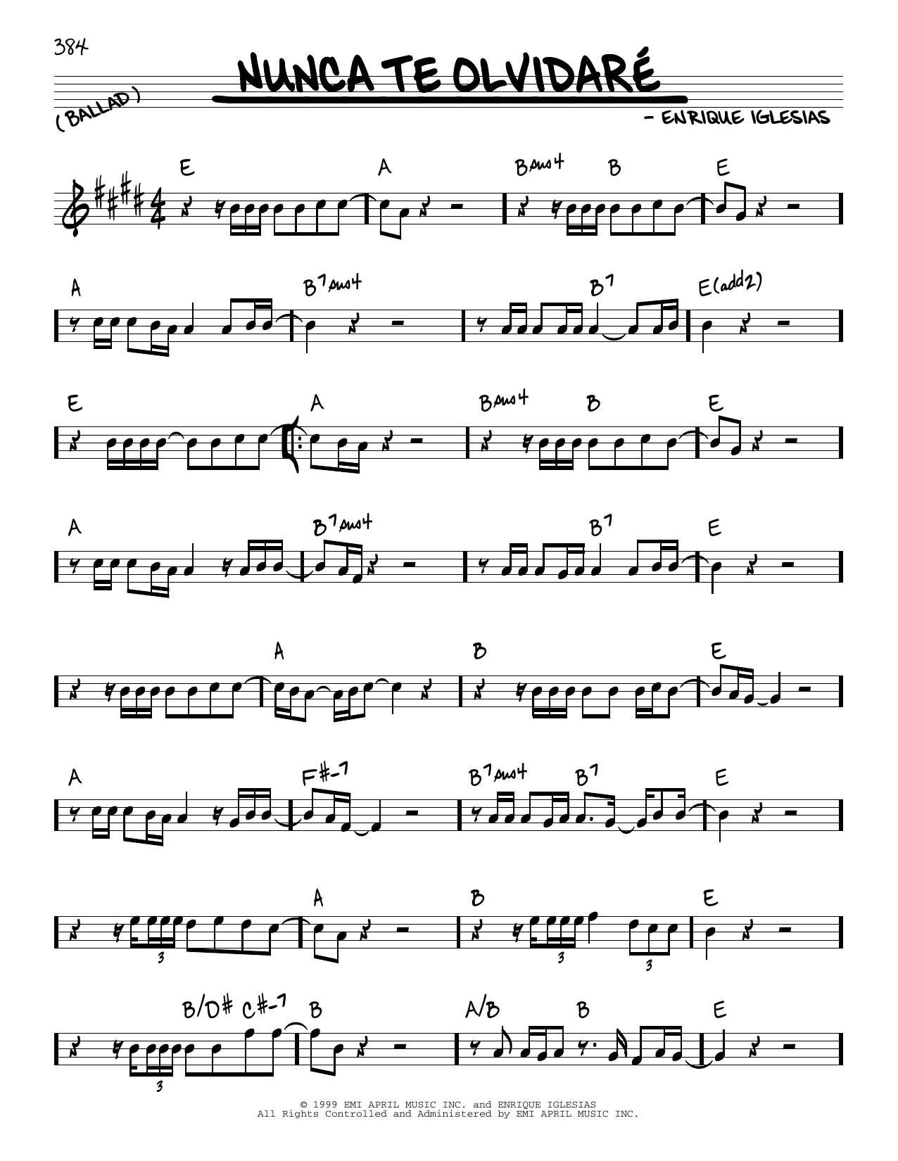 Download Enrique Iglesias Nunca Te Olvidare Sheet Music and learn how to play Real Book – Melody & Chords PDF digital score in minutes