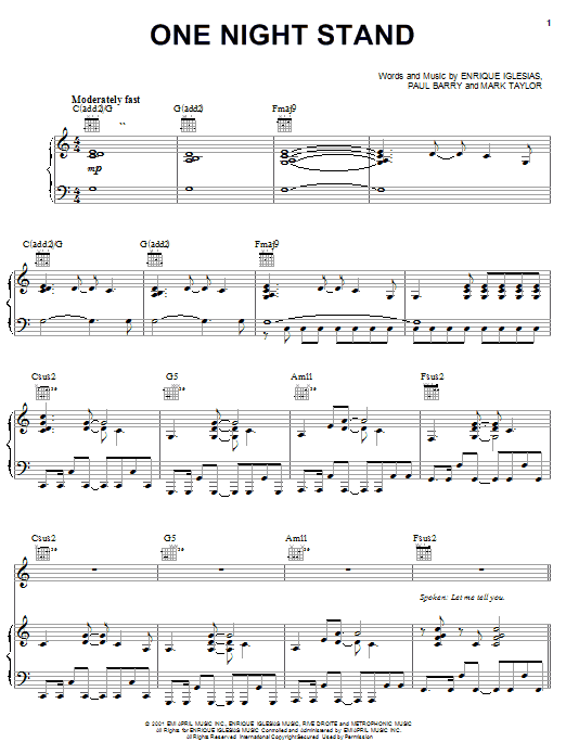 Download Enrique Iglesias One Night Stand Sheet Music and learn how to play Piano, Vocal & Guitar (Right-Hand Melody) PDF digital score in minutes