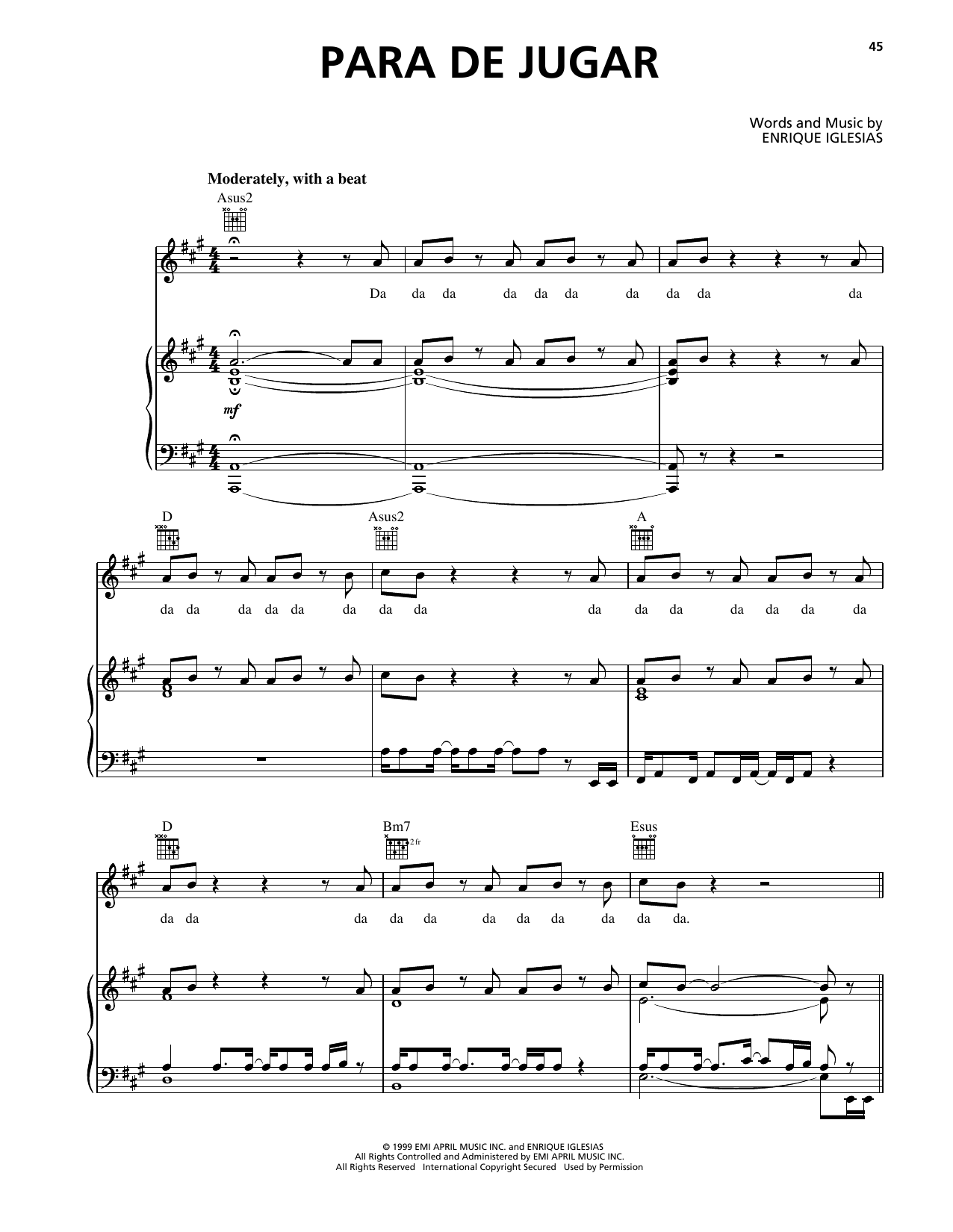 Download Enrique Iglesias Para De Jugar Sheet Music and learn how to play Piano, Vocal & Guitar Chords (Right-Hand Melody) PDF digital score in minutes