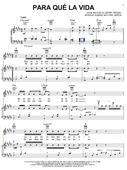 Download Enrique Iglesias Para Qué La Vida Sheet Music and learn how to play Piano, Vocal & Guitar (Right-Hand Melody) PDF digital score in minutes
