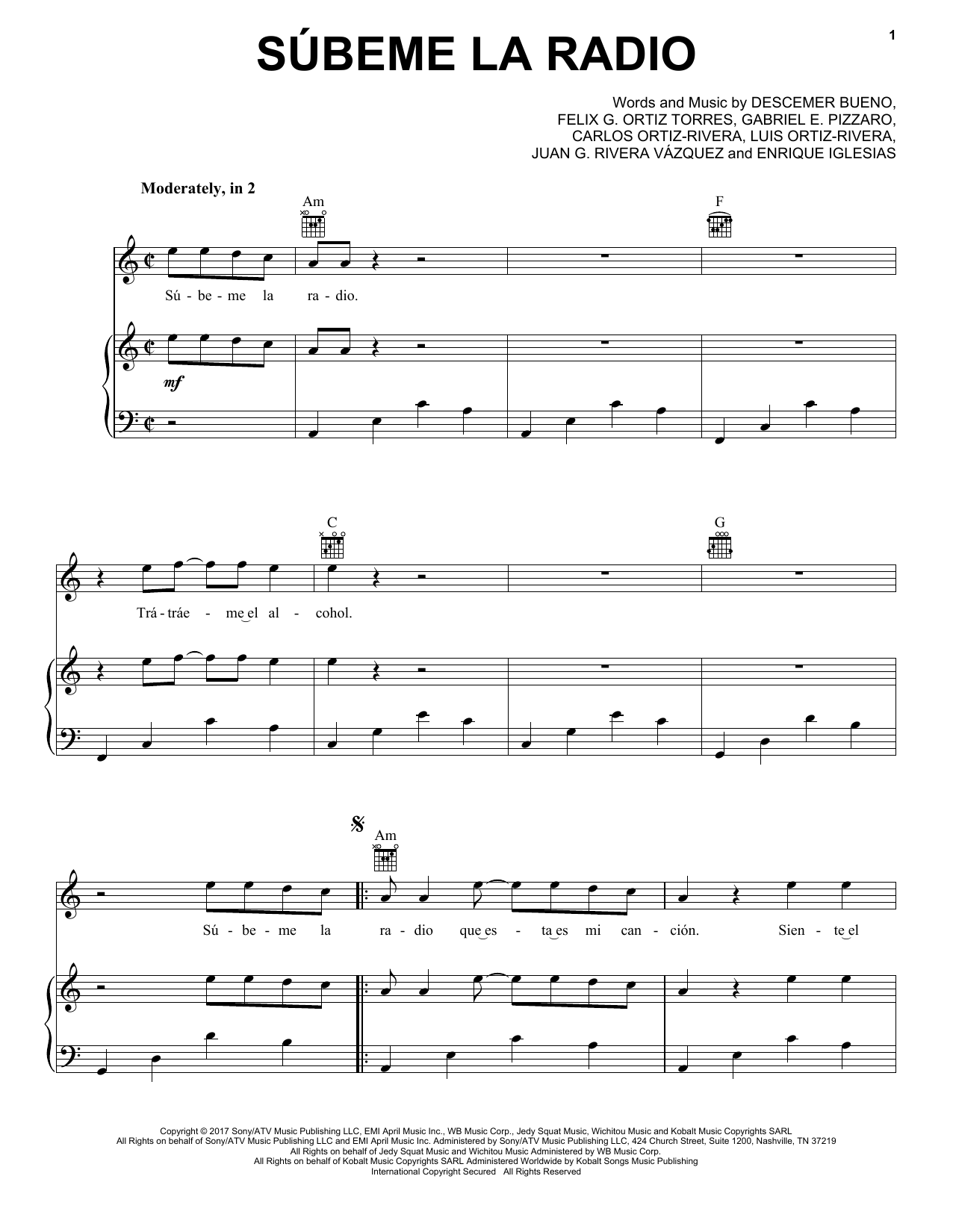 Download Enrique Iglesias Subeme La Radio Sheet Music and learn how to play Piano, Vocal & Guitar (Right-Hand Melody) PDF digital score in minutes