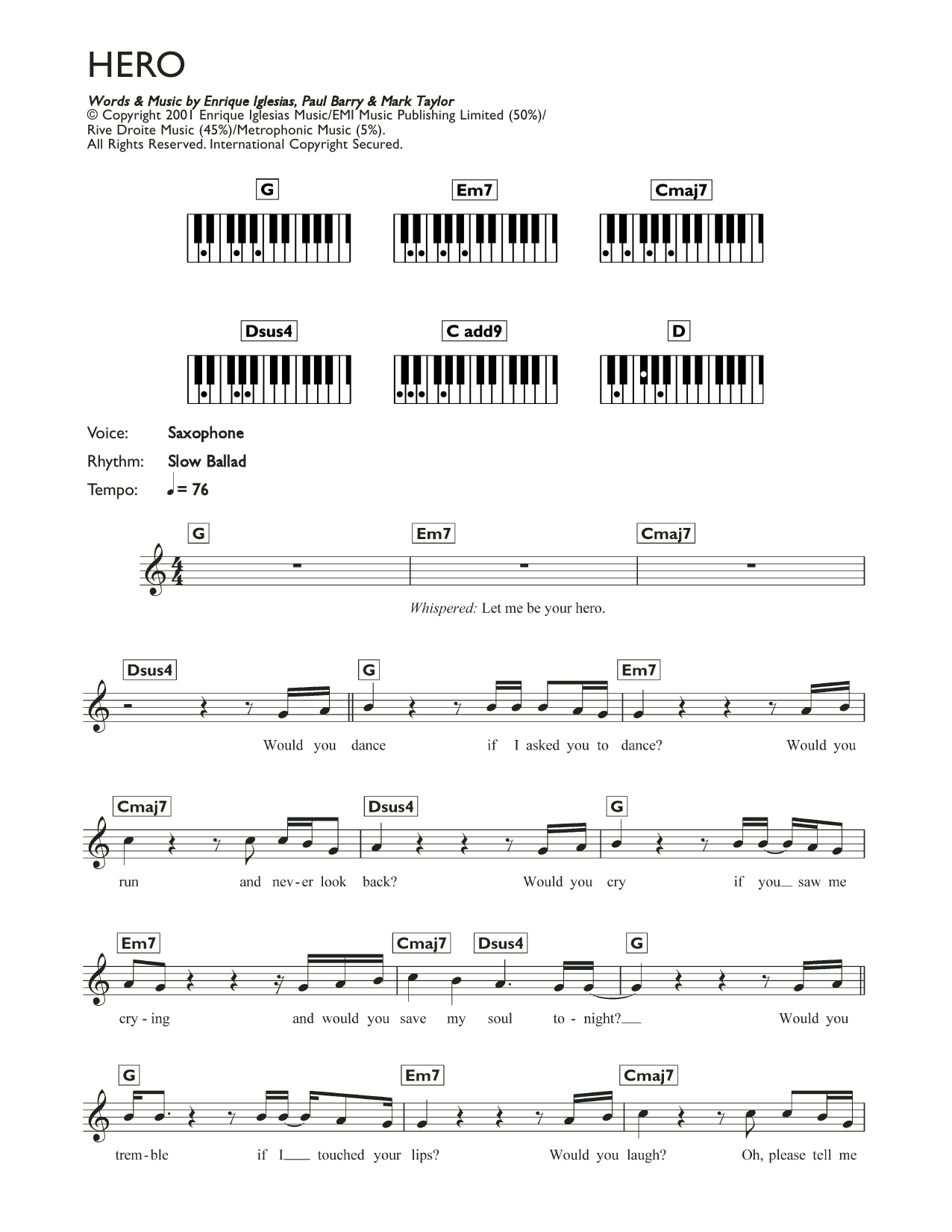 Download Enrique Inglesias Hero Sheet Music and learn how to play Keyboard PDF digital score in minutes