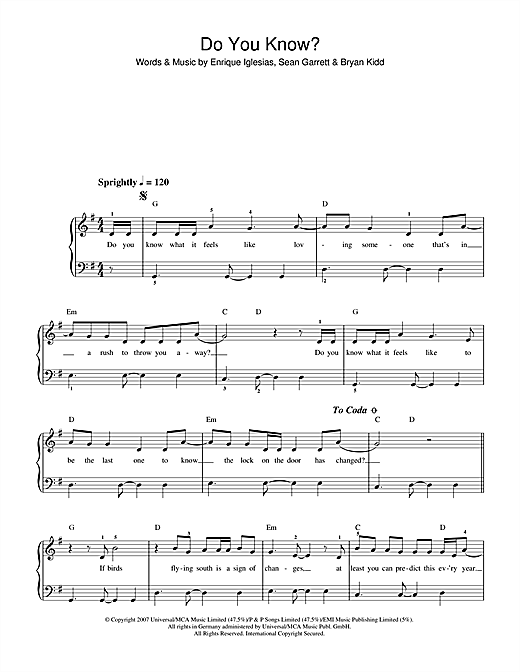 Download Enrique Inglesias Do You Know? Sheet Music and learn how to play Beginner Piano PDF digital score in minutes