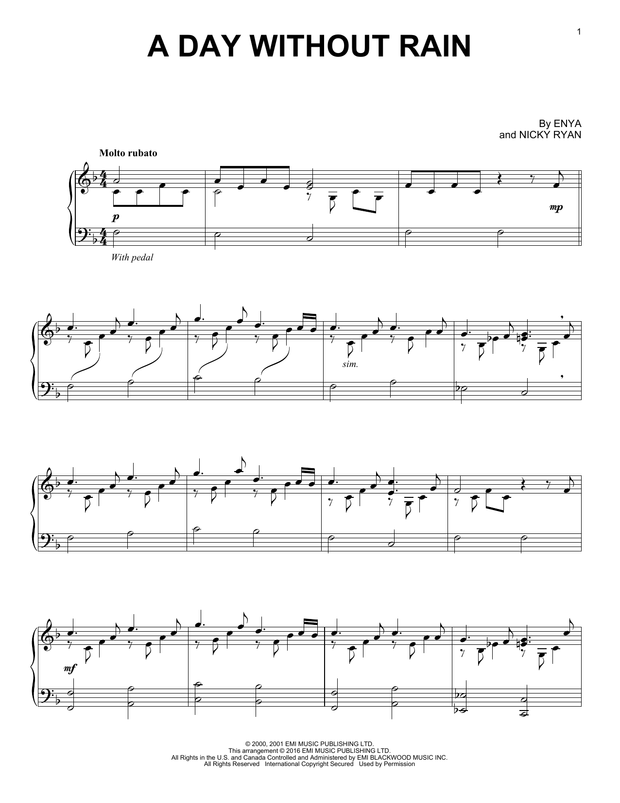 Download Enya A Day Without Rain Sheet Music and learn how to play Easy Piano PDF digital score in minutes