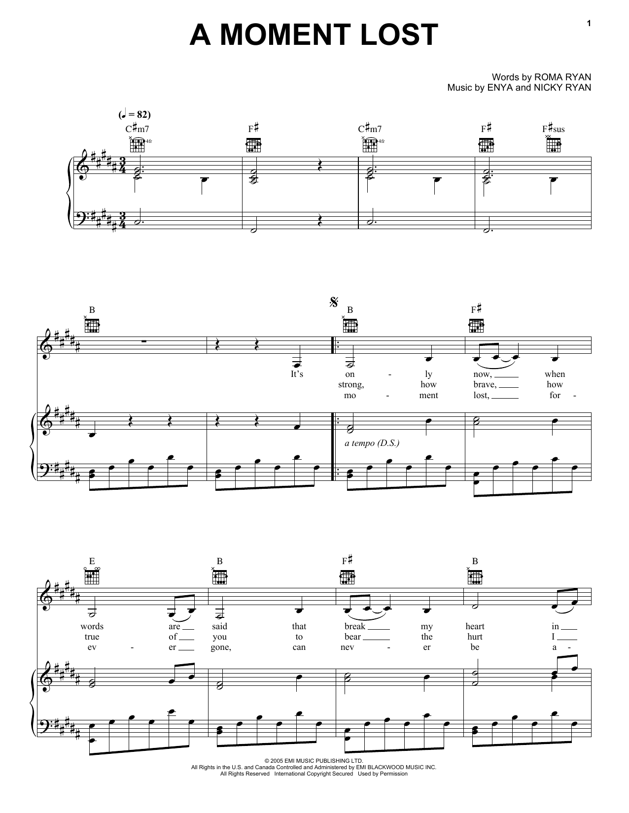 Download Enya A Moment Lost Sheet Music and learn how to play Piano, Vocal & Guitar (Right-Hand Melody) PDF digital score in minutes