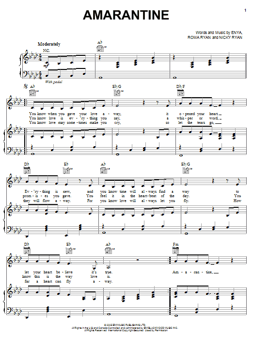 Download Enya Amarantine Sheet Music and learn how to play Piano, Vocal & Guitar (Right-Hand Melody) PDF digital score in minutes