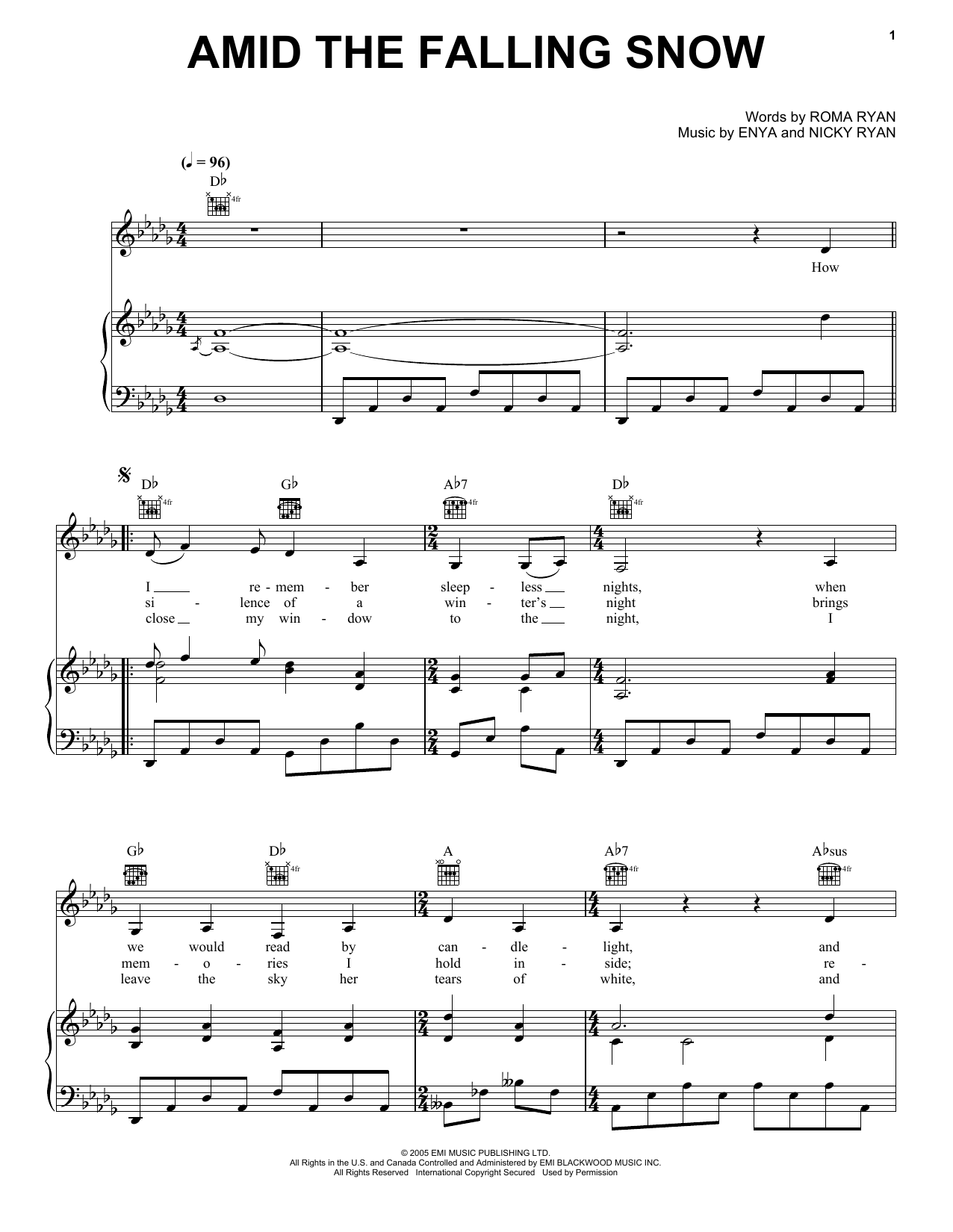 Download Enya Amid The Falling Snow Sheet Music and learn how to play Piano, Vocal & Guitar (Right-Hand Melody) PDF digital score in minutes