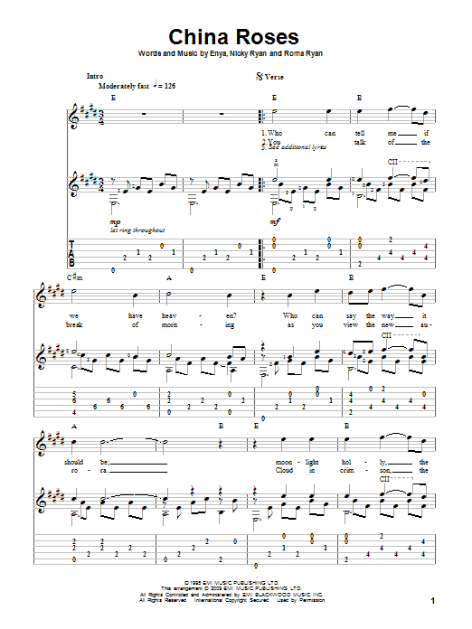 Download Enya China Roses Sheet Music and learn how to play Guitar Tab PDF digital score in minutes