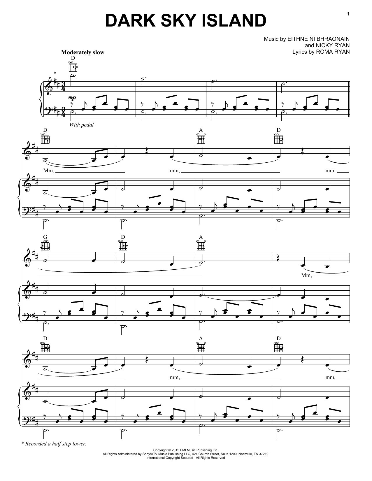 Download Enya Dark Sky Island Sheet Music and learn how to play Piano, Vocal & Guitar (Right-Hand Melody) PDF digital score in minutes