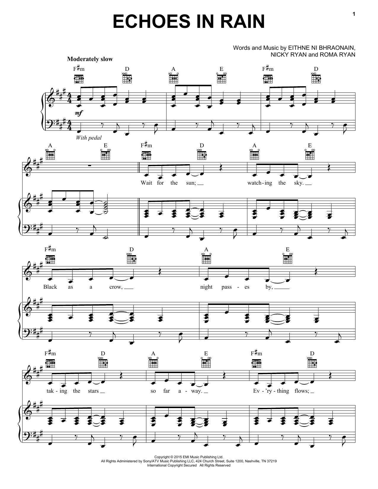 Download Enya Echoes In Rain Sheet Music and learn how to play Piano, Vocal & Guitar (Right-Hand Melody) PDF digital score in minutes