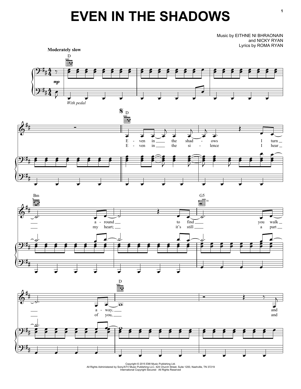 Download Enya Even In The Shadows Sheet Music and learn how to play Piano, Vocal & Guitar (Right-Hand Melody) PDF digital score in minutes