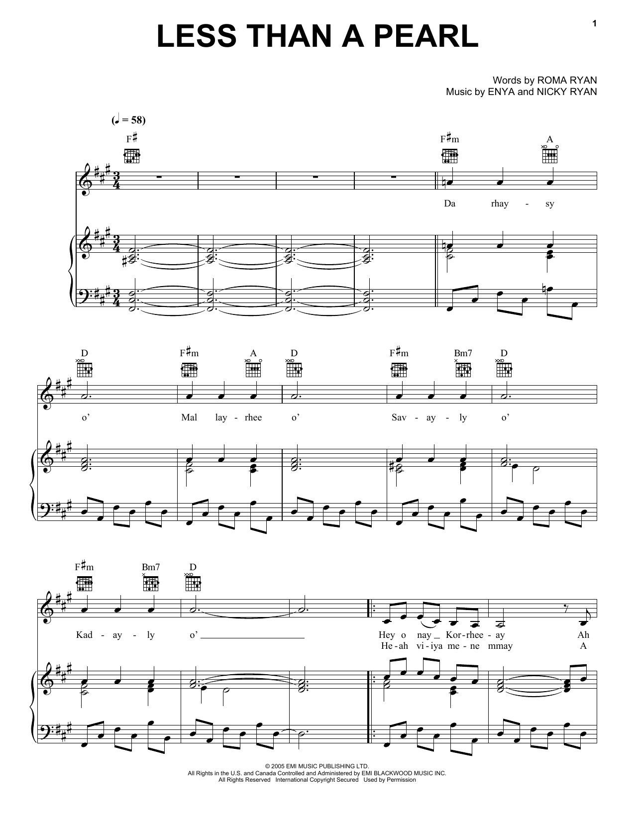 Download Enya Less Than A Pearl Sheet Music and learn how to play Piano, Vocal & Guitar (Right-Hand Melody) PDF digital score in minutes