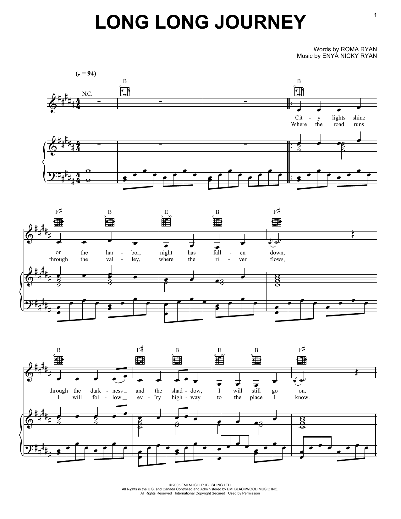 Download Enya Long Long Journey Sheet Music and learn how to play Piano, Vocal & Guitar (Right-Hand Melody) PDF digital score in minutes