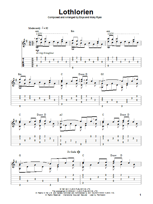 Download Enya Lothlorien Sheet Music and learn how to play Guitar Tab PDF digital score in minutes