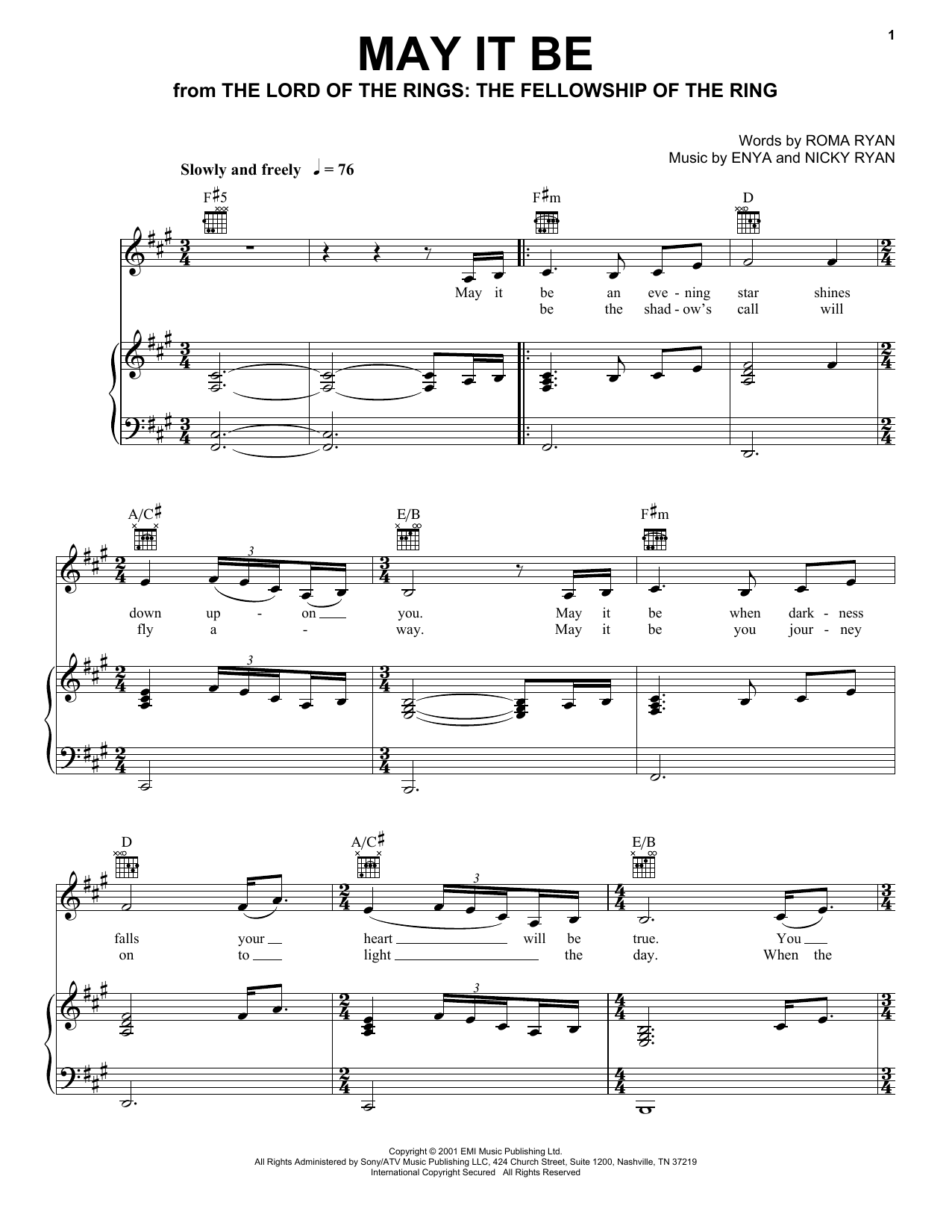 Download Enya May It Be Sheet Music and learn how to play Piano, Vocal & Guitar (Right-Hand Melody) PDF digital score in minutes