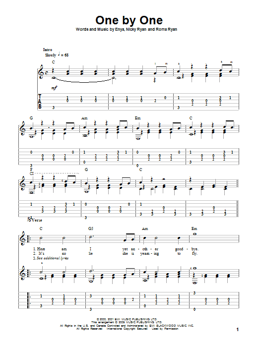 Download Enya One By One Sheet Music and learn how to play Guitar Tab PDF digital score in minutes