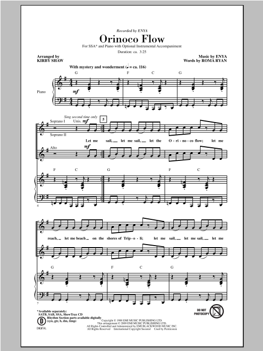 Download Enya Orinoco Flow (arr. Kirby Shaw) Sheet Music and learn how to play SSA PDF digital score in minutes