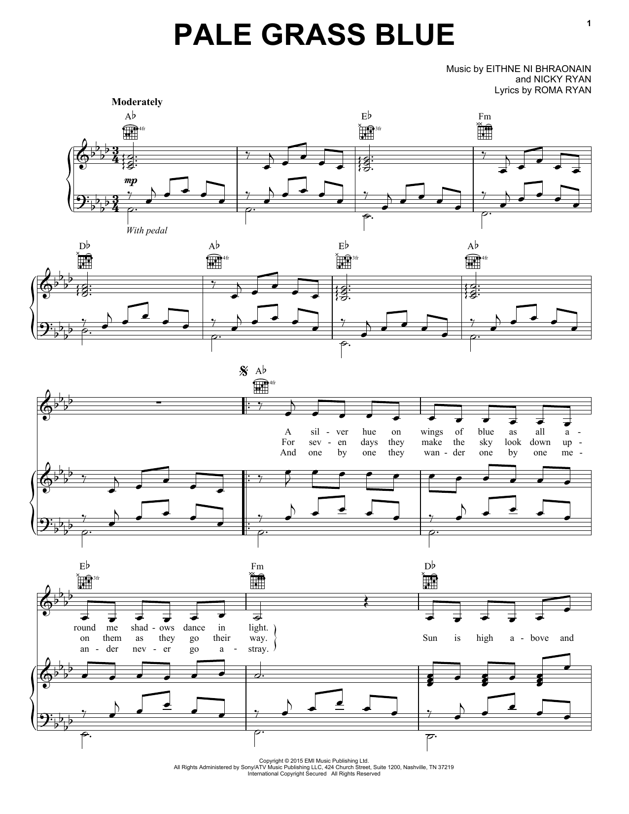 Download Enya Pale Grass Blue Sheet Music and learn how to play Piano, Vocal & Guitar (Right-Hand Melody) PDF digital score in minutes