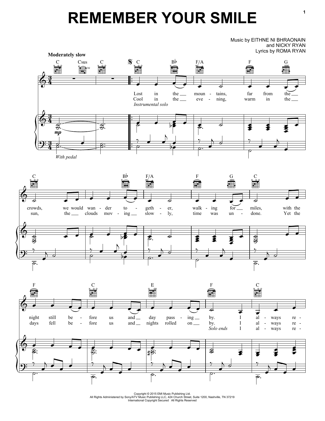 Download Enya Remember Your Smile Sheet Music and learn how to play Piano, Vocal & Guitar (Right-Hand Melody) PDF digital score in minutes