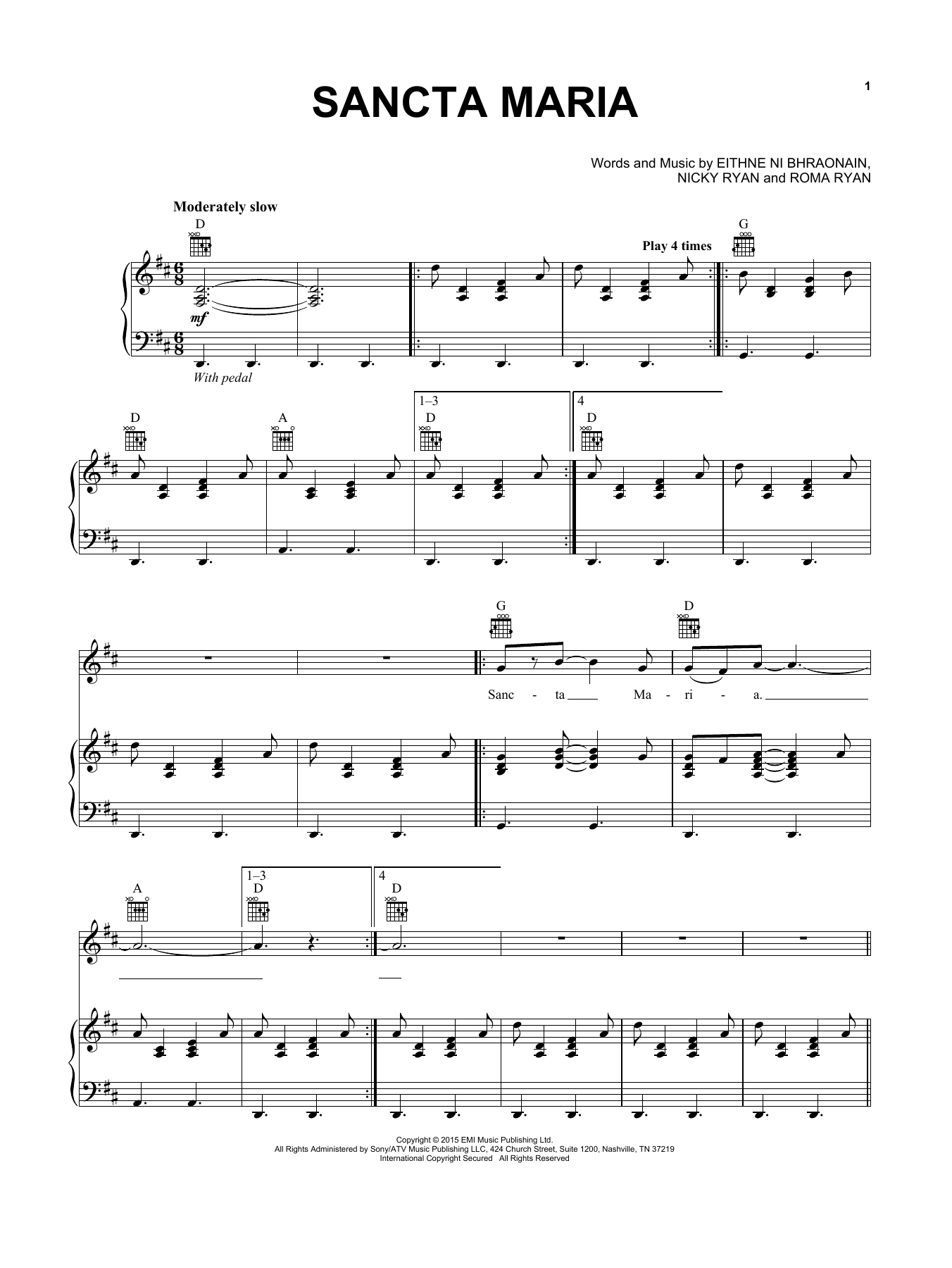 Download Enya Sancta Maria Sheet Music and learn how to play Piano, Vocal & Guitar (Right-Hand Melody) PDF digital score in minutes