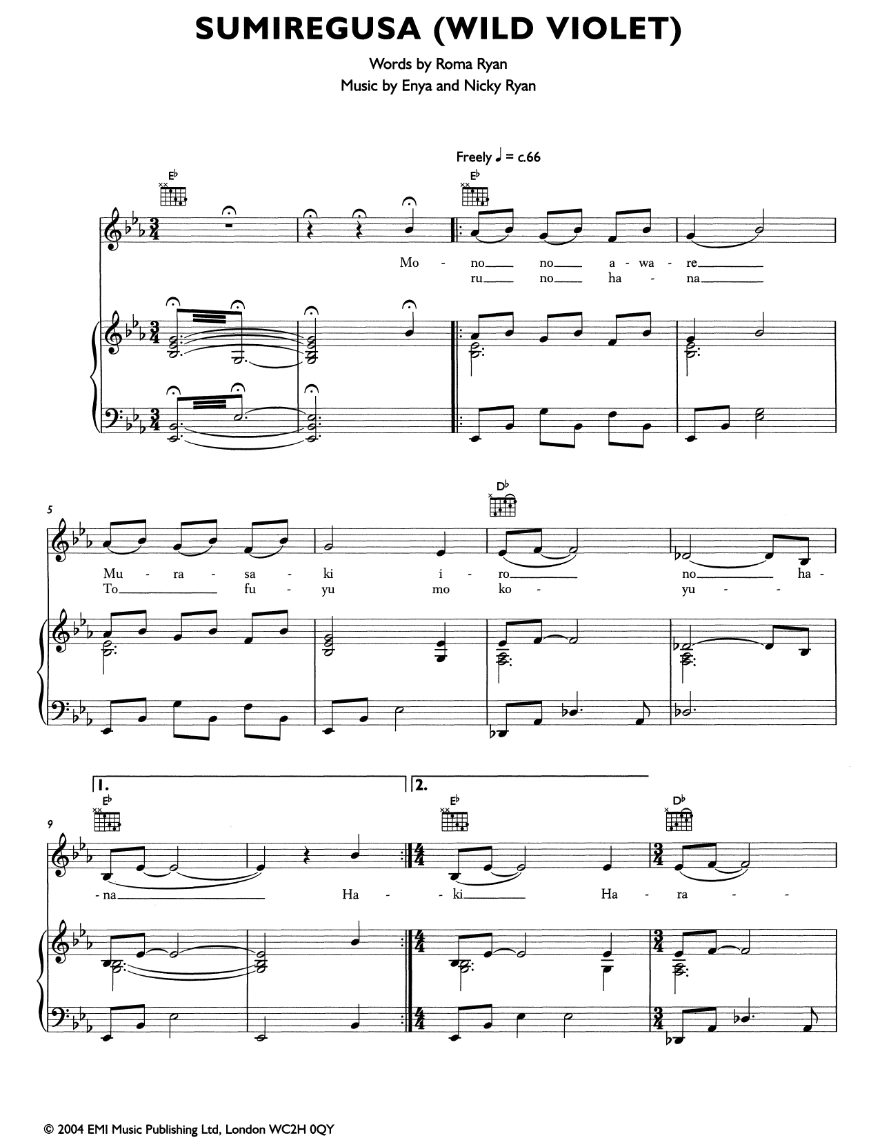 Download Enya Semiregusa (Wild Violet) Sheet Music and learn how to play Piano, Vocal & Guitar (Right-Hand Melody) PDF digital score in minutes