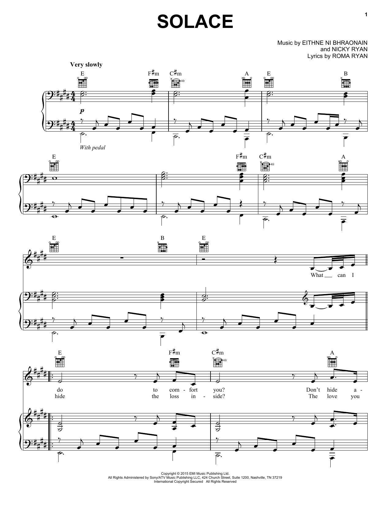 Download Enya Solace Sheet Music and learn how to play Piano, Vocal & Guitar (Right-Hand Melody) PDF digital score in minutes