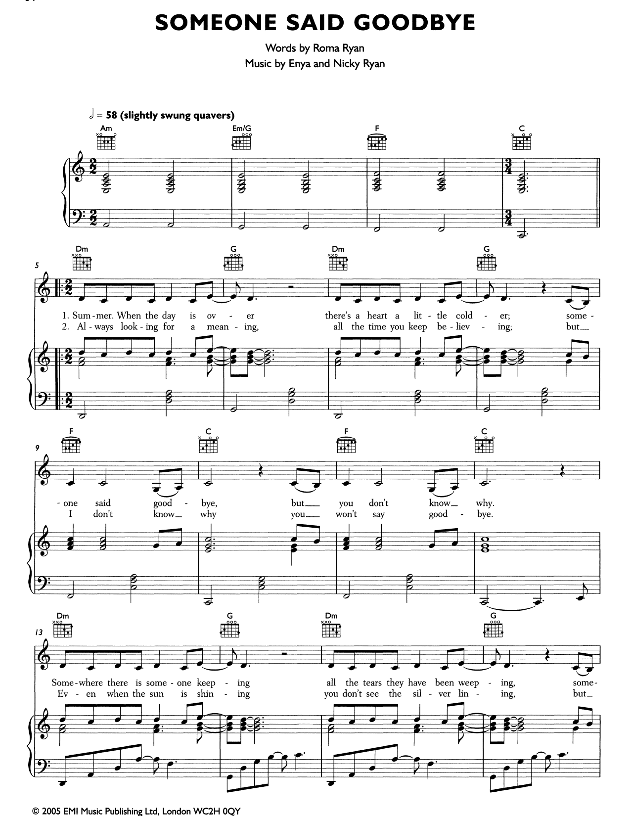 Download Enya Someone Said Goodbye Sheet Music and learn how to play Piano, Vocal & Guitar (Right-Hand Melody) PDF digital score in minutes