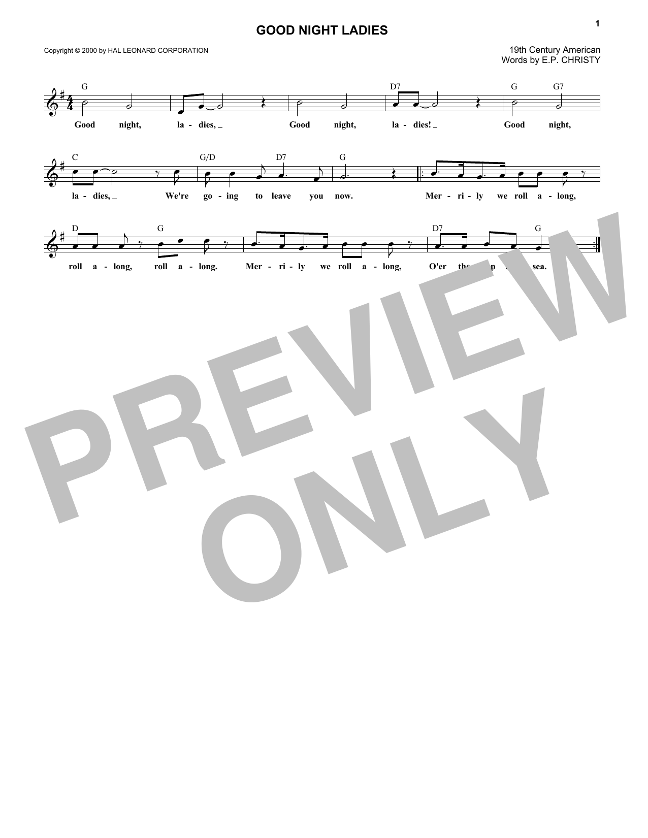 Download E.P. Christy Good Night Ladies Sheet Music and learn how to play Melody Line, Lyrics & Chords PDF digital score in minutes