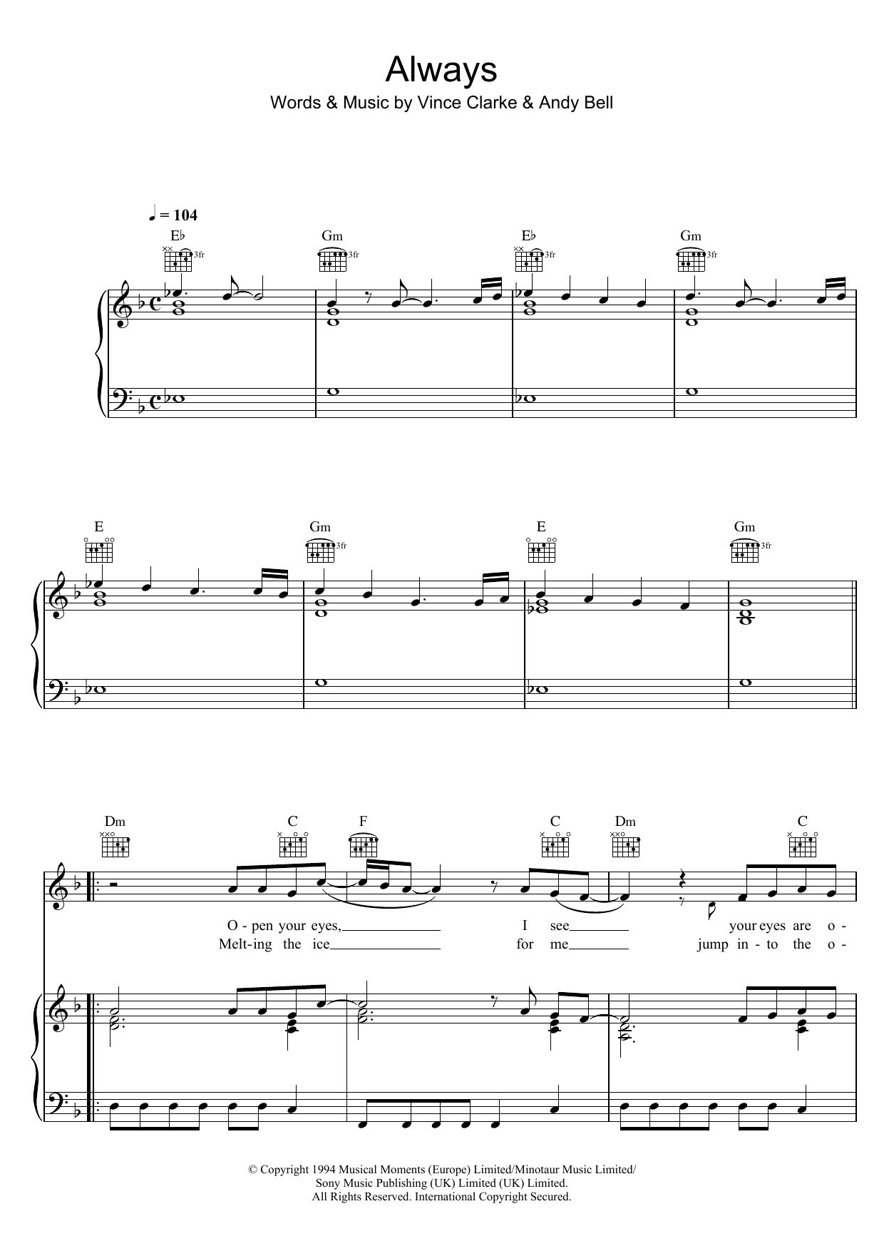 Download Erasure Always Sheet Music and learn how to play Piano, Vocal & Guitar (Right-Hand Melody) PDF digital score in minutes