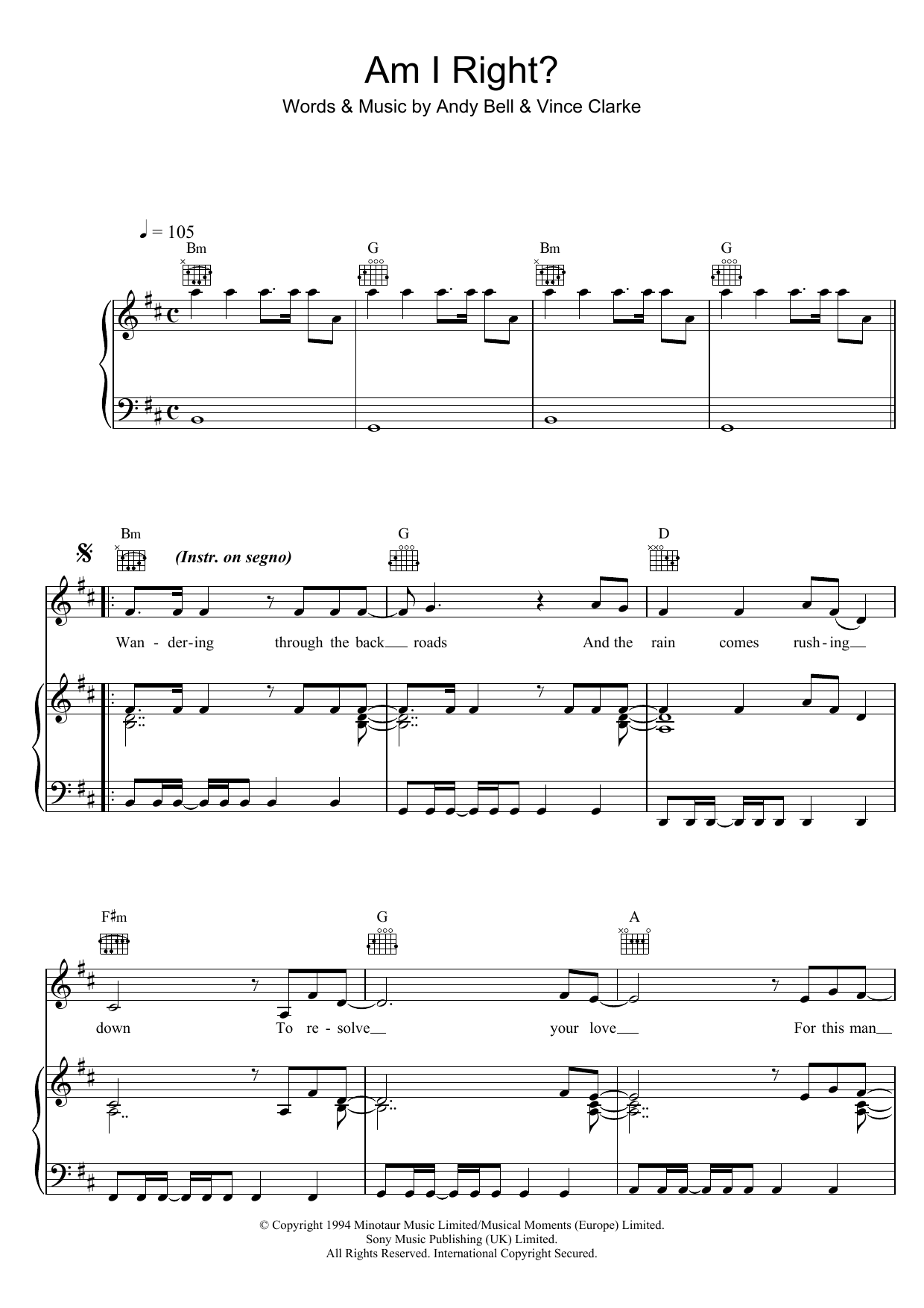 Download Erasure Am I Right Sheet Music and learn how to play Piano, Vocal & Guitar (Right-Hand Melody) PDF digital score in minutes