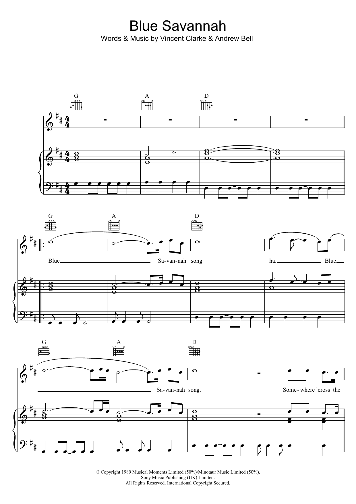 Download Erasure Blue Savannah Sheet Music and learn how to play Piano, Vocal & Guitar (Right-Hand Melody) PDF digital score in minutes