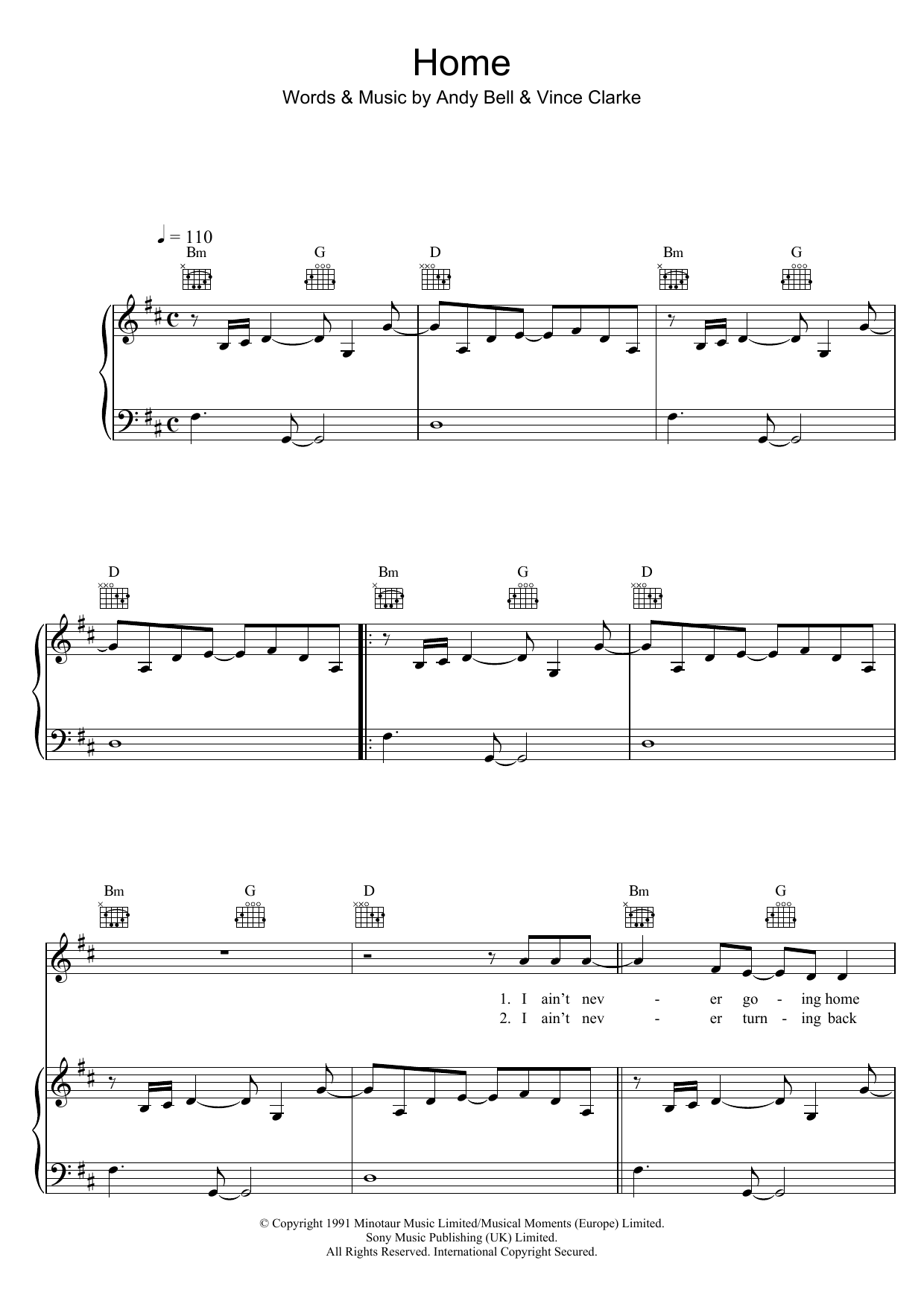 Download Erasure Home Sheet Music and learn how to play Piano, Vocal & Guitar (Right-Hand Melody) PDF digital score in minutes