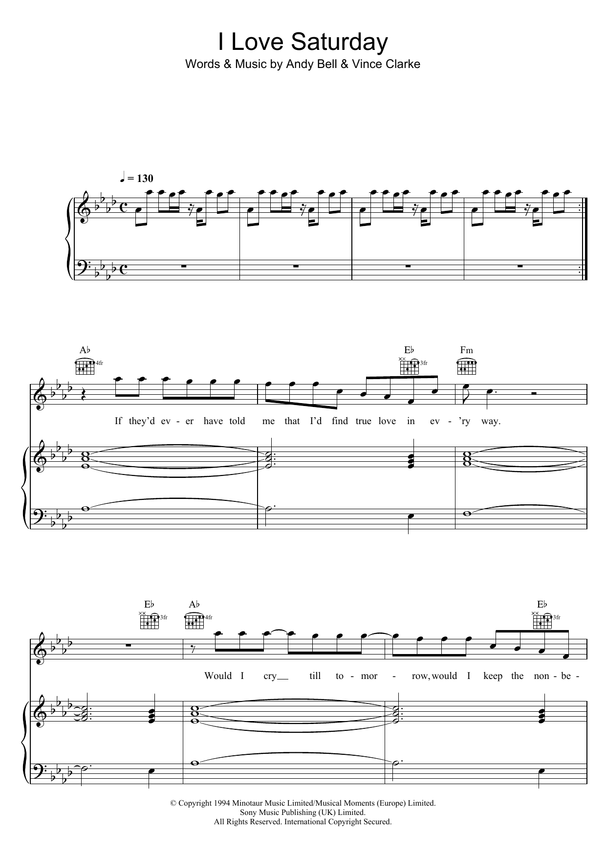 Download Erasure I Love Saturday Sheet Music and learn how to play Piano, Vocal & Guitar (Right-Hand Melody) PDF digital score in minutes