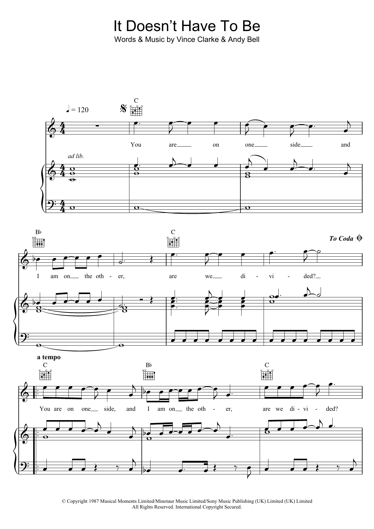 Download Erasure It Doesn't Have To Be Sheet Music and learn how to play Piano, Vocal & Guitar (Right-Hand Melody) PDF digital score in minutes