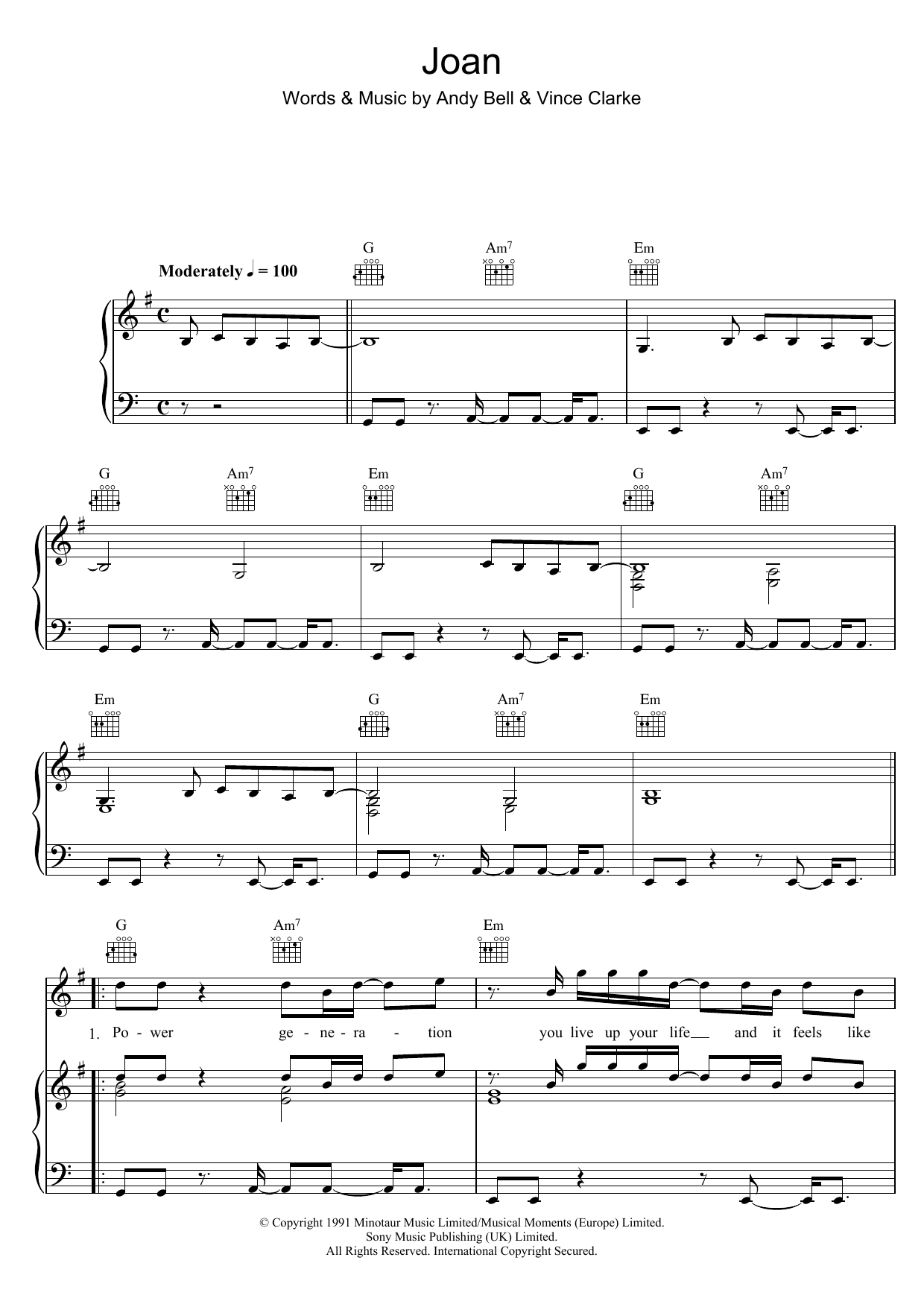 Download Erasure Joan Sheet Music and learn how to play Piano, Vocal & Guitar (Right-Hand Melody) PDF digital score in minutes