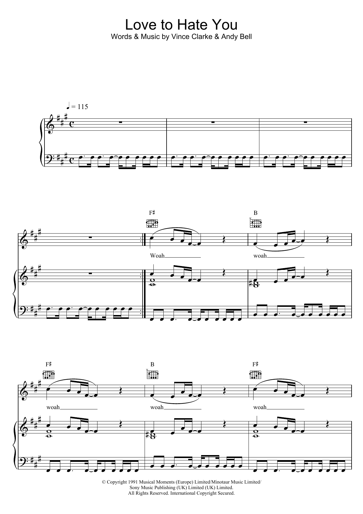 Download Erasure Love To Hate You Sheet Music and learn how to play Piano, Vocal & Guitar (Right-Hand Melody) PDF digital score in minutes