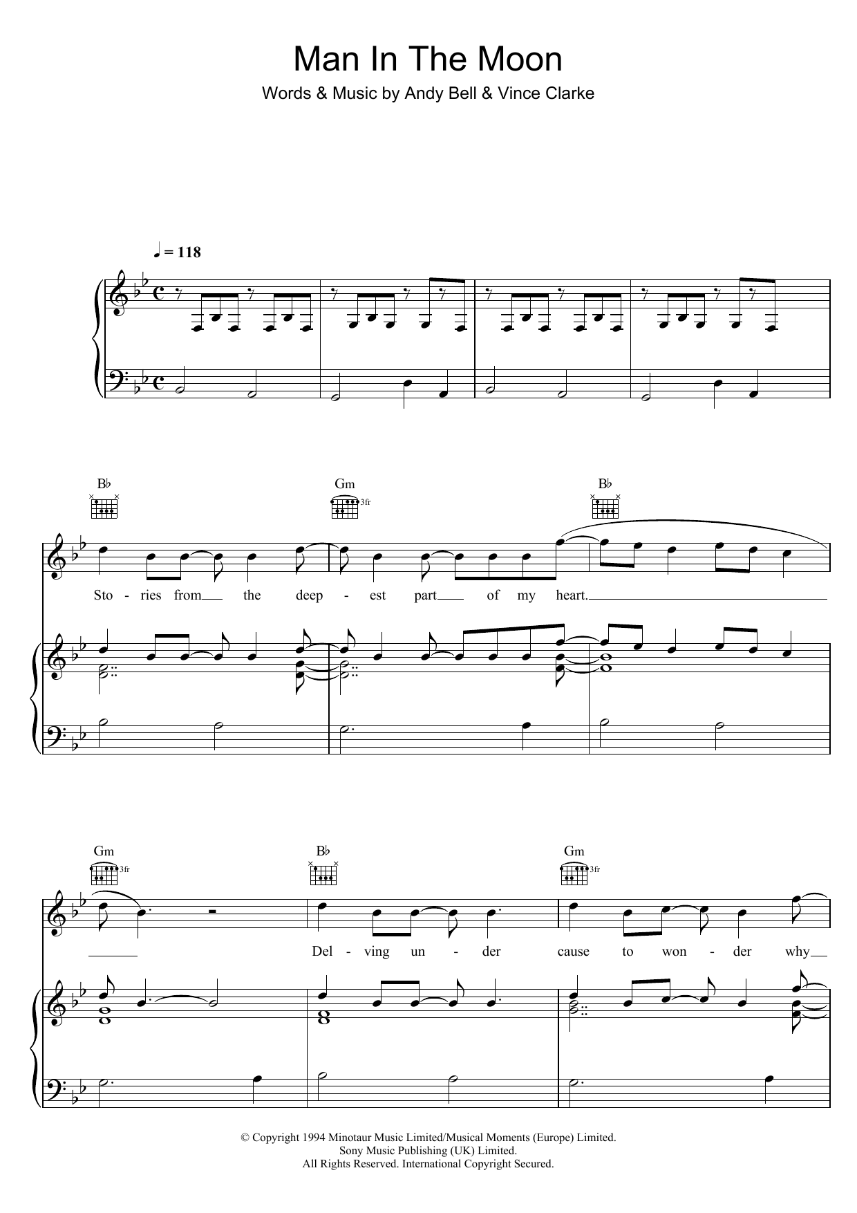 Download Erasure Man In the Moon Sheet Music and learn how to play Piano, Vocal & Guitar (Right-Hand Melody) PDF digital score in minutes