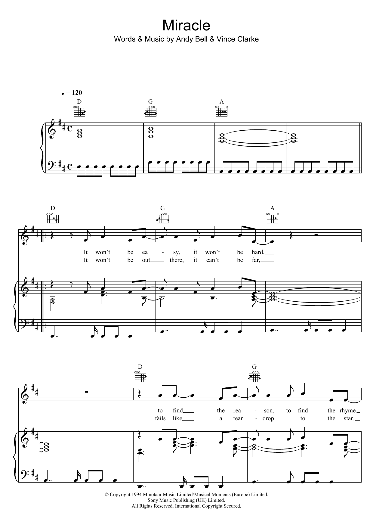 Download Erasure Miracle Sheet Music and learn how to play Piano, Vocal & Guitar (Right-Hand Melody) PDF digital score in minutes