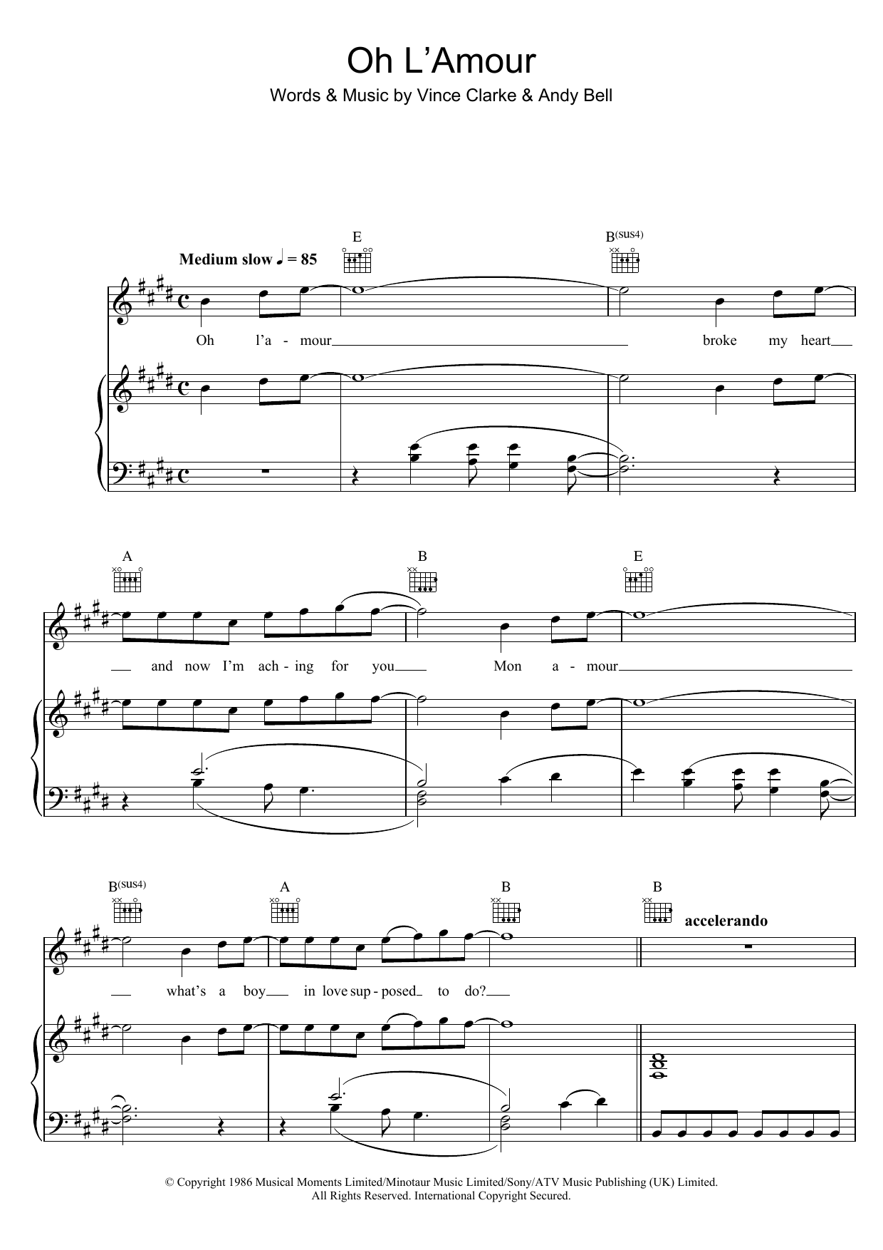 Download Erasure Oh L'Amour Sheet Music and learn how to play Piano, Vocal & Guitar (Right-Hand Melody) PDF digital score in minutes