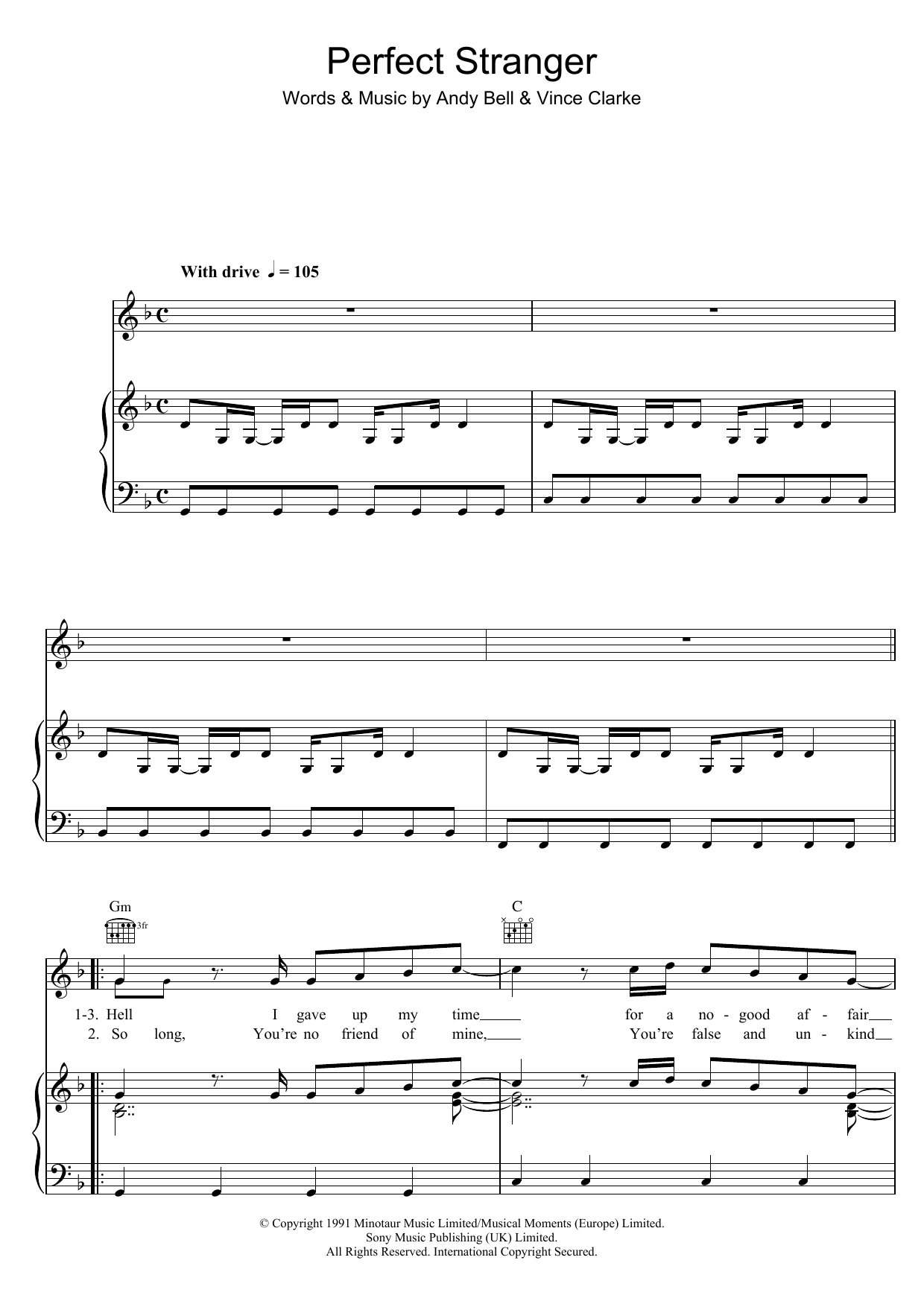 Download Erasure Perfect Stranger Sheet Music and learn how to play Piano, Vocal & Guitar (Right-Hand Melody) PDF digital score in minutes