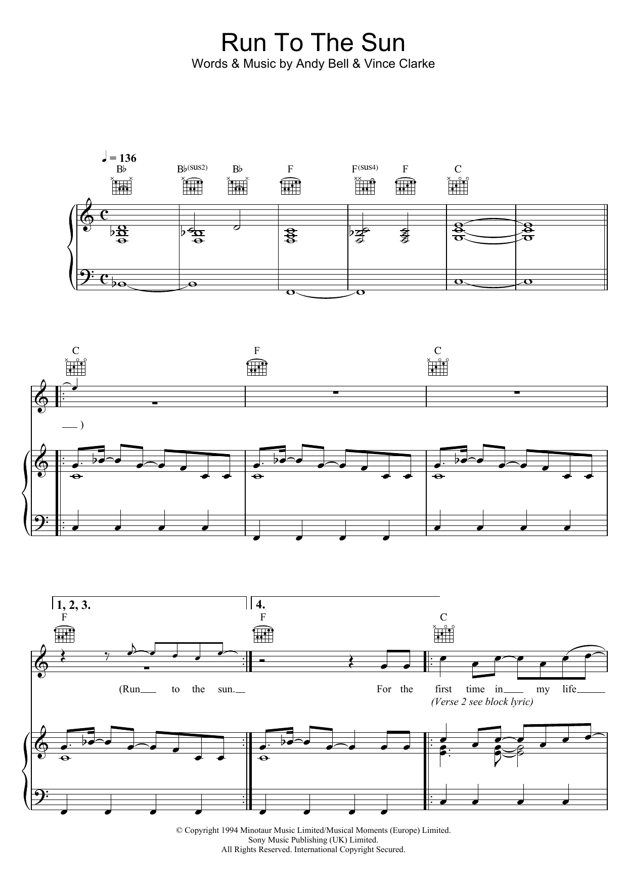Download Erasure Run To The Sun Sheet Music and learn how to play Piano, Vocal & Guitar (Right-Hand Melody) PDF digital score in minutes