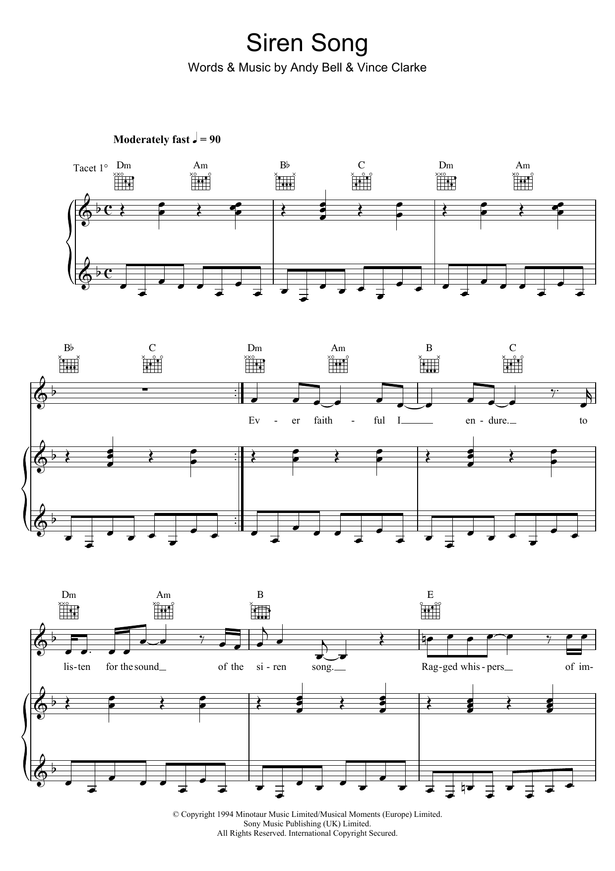 Download Erasure Siren Song Sheet Music and learn how to play Piano, Vocal & Guitar PDF digital score in minutes