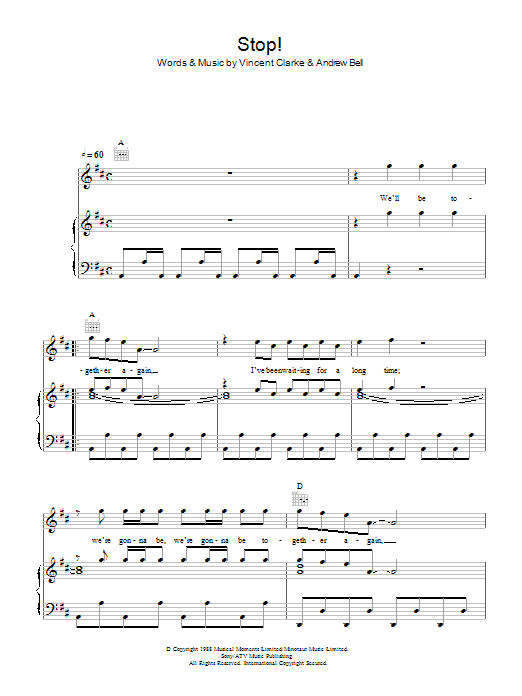 Download Erasure Stop Sheet Music and learn how to play Piano, Vocal & Guitar (Right-Hand Melody) PDF digital score in minutes