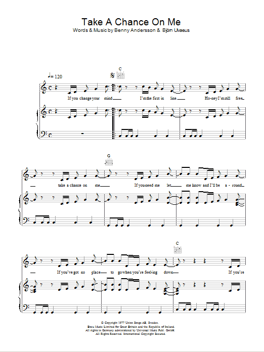 Download Erasure Take A Chance On Me Sheet Music and learn how to play Piano, Vocal & Guitar (Right-Hand Melody) PDF digital score in minutes