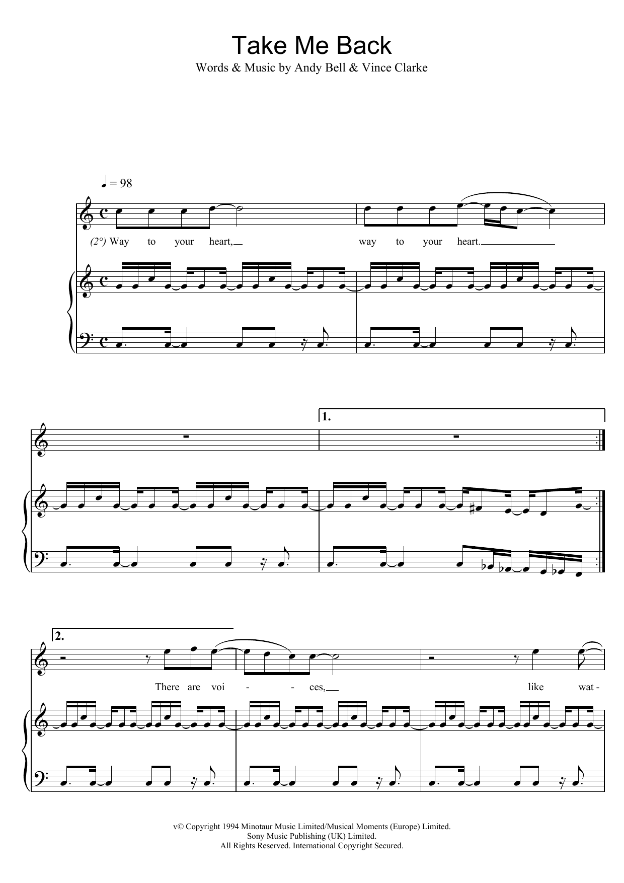 Download Erasure Take Me Back Sheet Music and learn how to play Piano, Vocal & Guitar PDF digital score in minutes