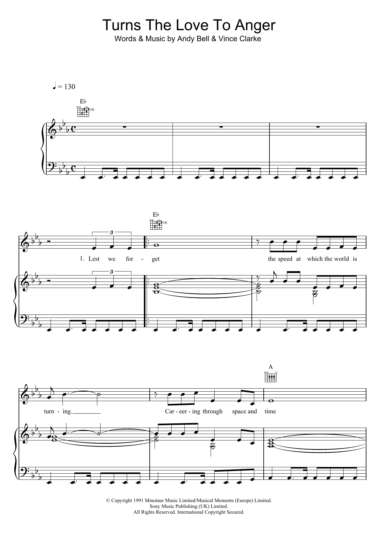 Download Erasure Turns The Love To Anger Sheet Music and learn how to play Piano, Vocal & Guitar (Right-Hand Melody) PDF digital score in minutes