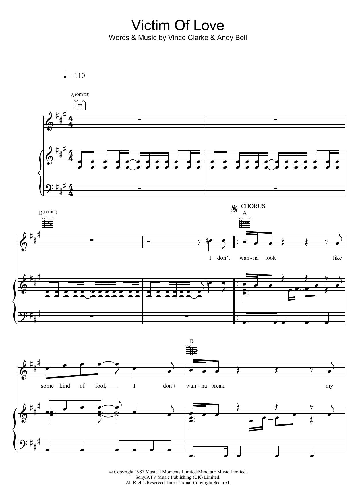 Download Erasure Victim Of Love Sheet Music and learn how to play Piano, Vocal & Guitar (Right-Hand Melody) PDF digital score in minutes