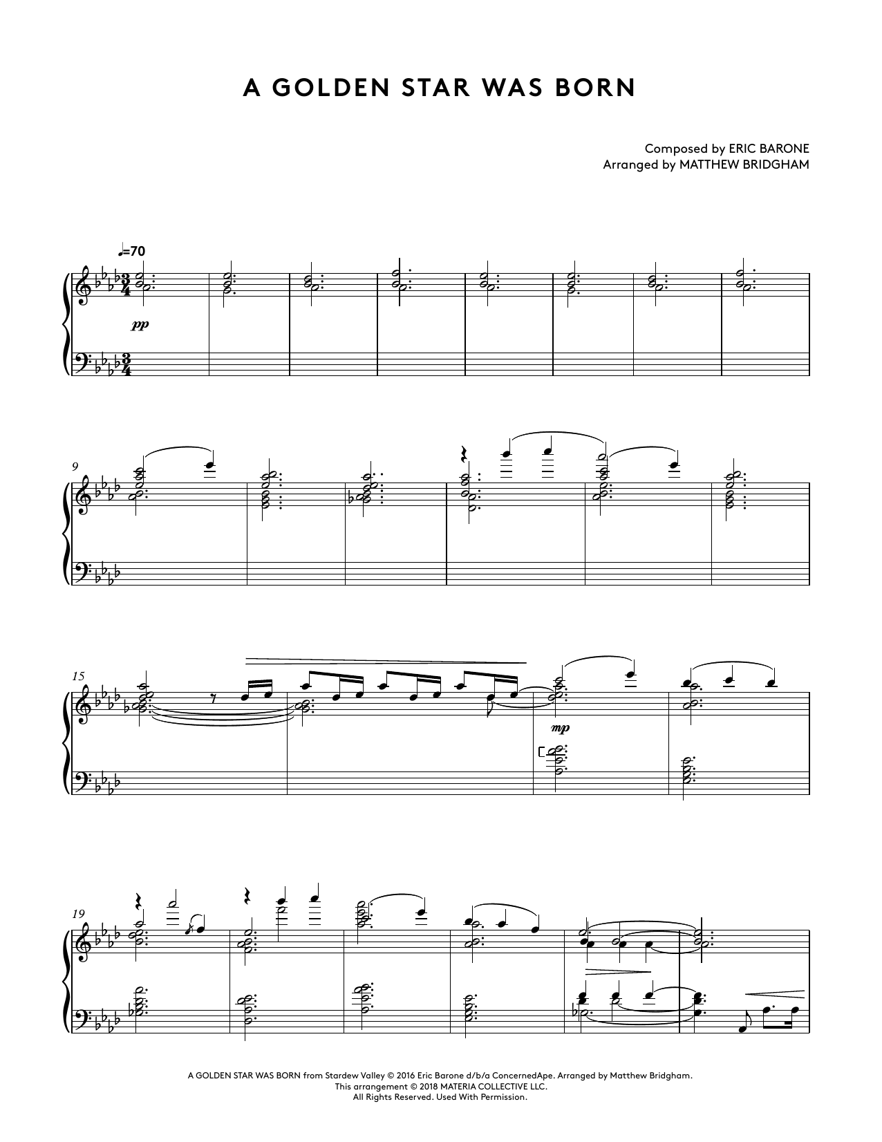 Download Eric Barone A Golden Star Was Born (from Stardew Valley Piano Collections) (arr. Matthew Bri Sheet Music and learn how to play Piano Solo PDF digital score in minutes